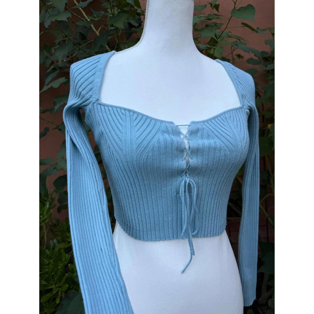 Urban Outfitters Y2K Baby Blue Ribbed Comfy Knit Long Sleeved Cropped Top Size M